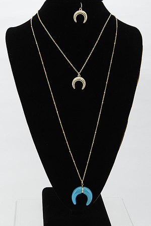 Double Long Layered Necklace With Moon Pendant And Stone Set 6BCD2
